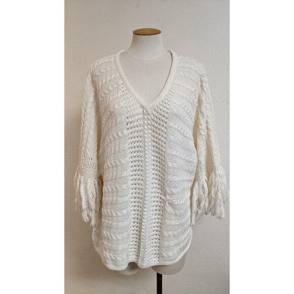 Women's CAbi #5803 Cream Fringe Fiesta Poncho Sweater Top Small EXCELLENT!! - Picture 2 of 12